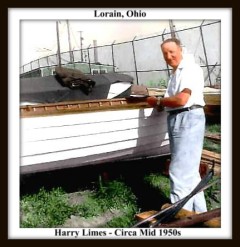 HARRY LIMES BY SMALL BOAT AT THE END OF ARIZONA AVENUE - CIRCA 1950S - WITH TEXT AND FRAME
